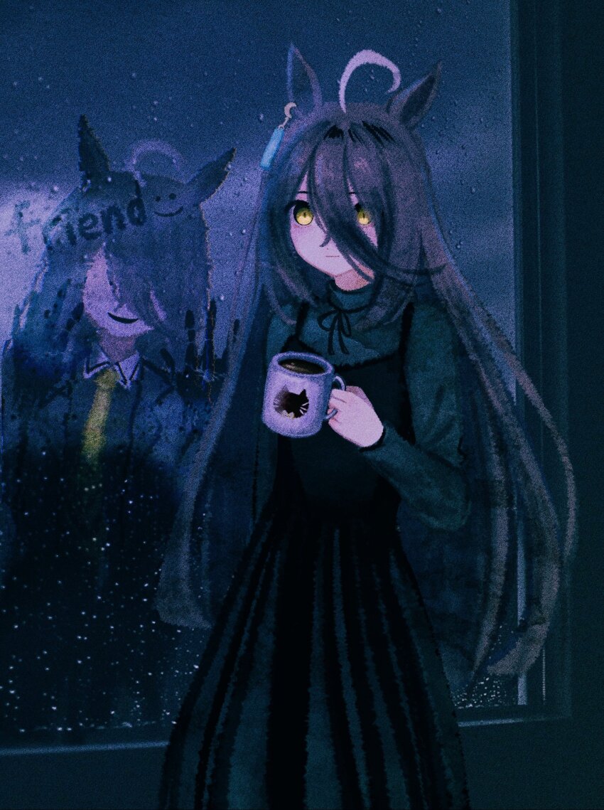 Rule 34 Dev - 2girls against_glass ahoge black_dress black_gloves  black_hair black_shirt closed_mouth coffee collared_shirt condensation cup  dress ear_tag earrings glass_writing gloves hair_between_eyes hand_on_glass  hand_on_window hand_up highres ...