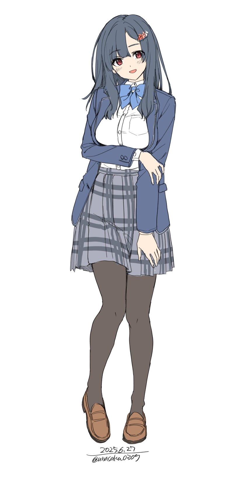 1girl absurdres blazer blue_bow blue_bowtie blue_hair blue_jacket blush bow bowtie breasts brown_pantyhose collared_shirt grey_skirt highres jacket long_hair long_sleeves looking_at_viewer medium_breasts open_clothes open_jacket open_mouth original pantyhose plaid_clothes plaid_skirt pleated_skirt red_eyes school_uniform shirt shoes simple_background skirt smile solo unasaka_ryou white_background white_shirt