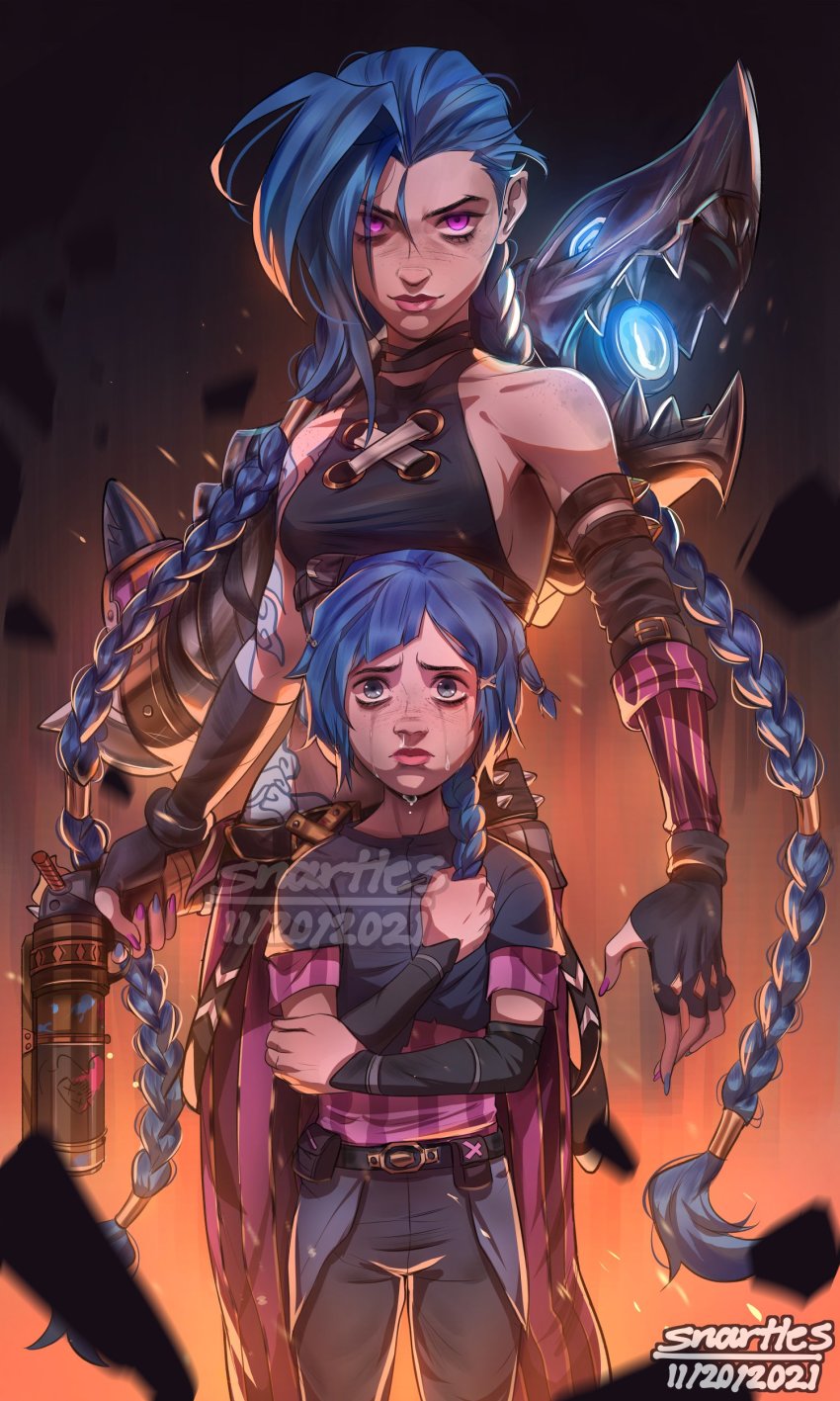 1girl absurdres age_difference arcane:_league_of_legends blue_eyes blue_hair braid dual_persona fingerless_gloves gloves gun highres jinx_(league_of_legends) league_of_legends lips long_hair pink_eyes snartles twin_braids twintails very_long_hair weapon weapons aged_down