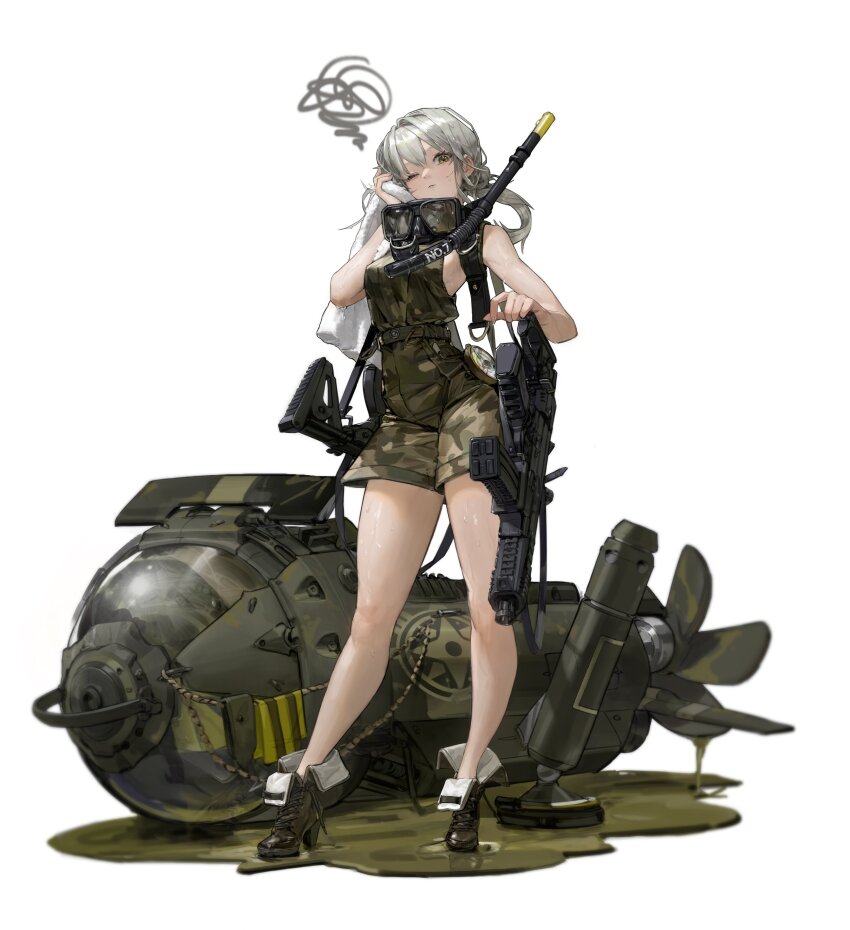 1girl absurdres bare_legs boots breasts camouflage choehye16159872 drying full_body goggles goggles_around_neck grenade_launcher grey_hair gun gun_sling high_heels highres holding holding_towel kalashnikov_rifle long_hair looking_at_viewer machine_gun medium_breasts official_alternate_costume one_eye_closed original overalls shorts sideboob sig_mpx sig_sauer simple_background solo squiggle standing submachine_gun towel transparent_background twintails weapon wiping_face wiping_sweat yellow_eyes
