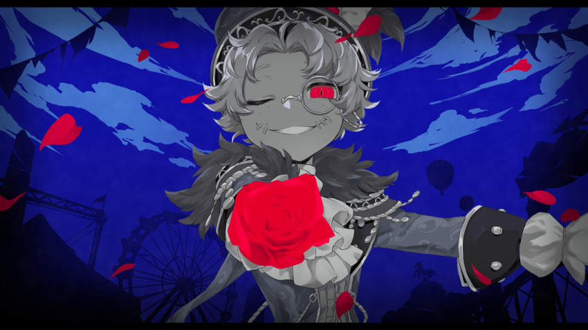 1boy ascot center_frills ferris_wheel flower freckles frilled_sleeves frills fur_trim hat highres holding holding_flower identity_v letterboxed limited_palette looking_at_viewer male_focus mike_morton mike_morton_(mr._swifts) monocle official_alternate_costume omame7272 one_eye_closed outstretched_arm queen_(vocaloid) reaching reaching_towards_viewer red_eyes red_flower red_rose rose short_hair sky smile solo stitched_mouth stitches upper_body vocaloid