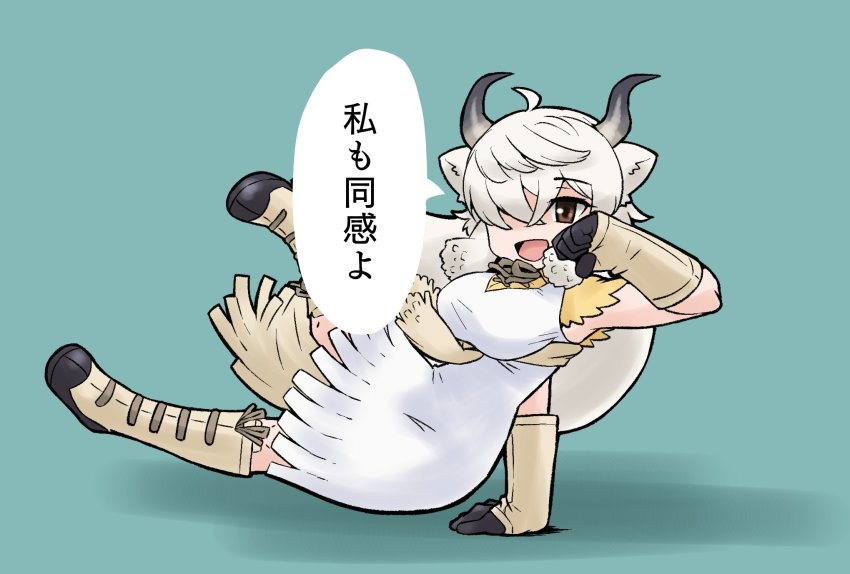 1girl black_boots black_gloves boots bow bowtie breakdance brown_bow brown_bowtie brown_eyes commentary_request dress gloves gravi_pig4891 hair_over_one_eye highres kemono_friends long_dress long_hair multicolored_boots ox_ears ox_girl ox_horns ox_tail shirt short_sleeves solo t-shirt translation_request twintails two-tone_boots two-tone_gloves white_boots white_dress white_gloves white_hair yak_(kemono_friends) yellow_shirt