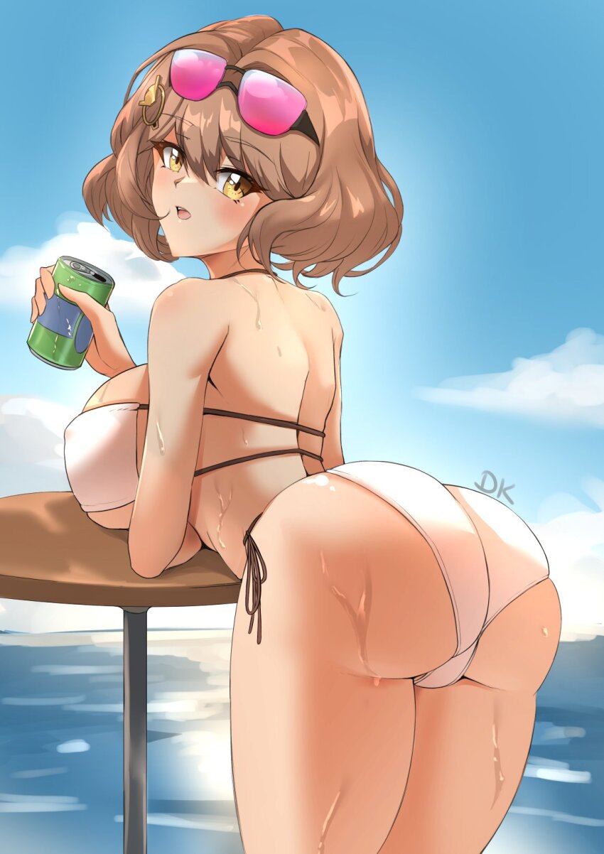 1girl ahoge anis_(nikke) anis_(sparkling_summer)_(nikke) ass ass_focus bare_shoulders bikini blush breast_rest breasts brown_eyes brown_hair cameltoe deekei from_behind goddess_of_victory:_nikke highres huge_ass large_breasts leaning leaning_forward looking_at_viewer medium_hair open_mouth sideboob solo sunglasses sunglasses_on_head swimsuit water wet wet_hair