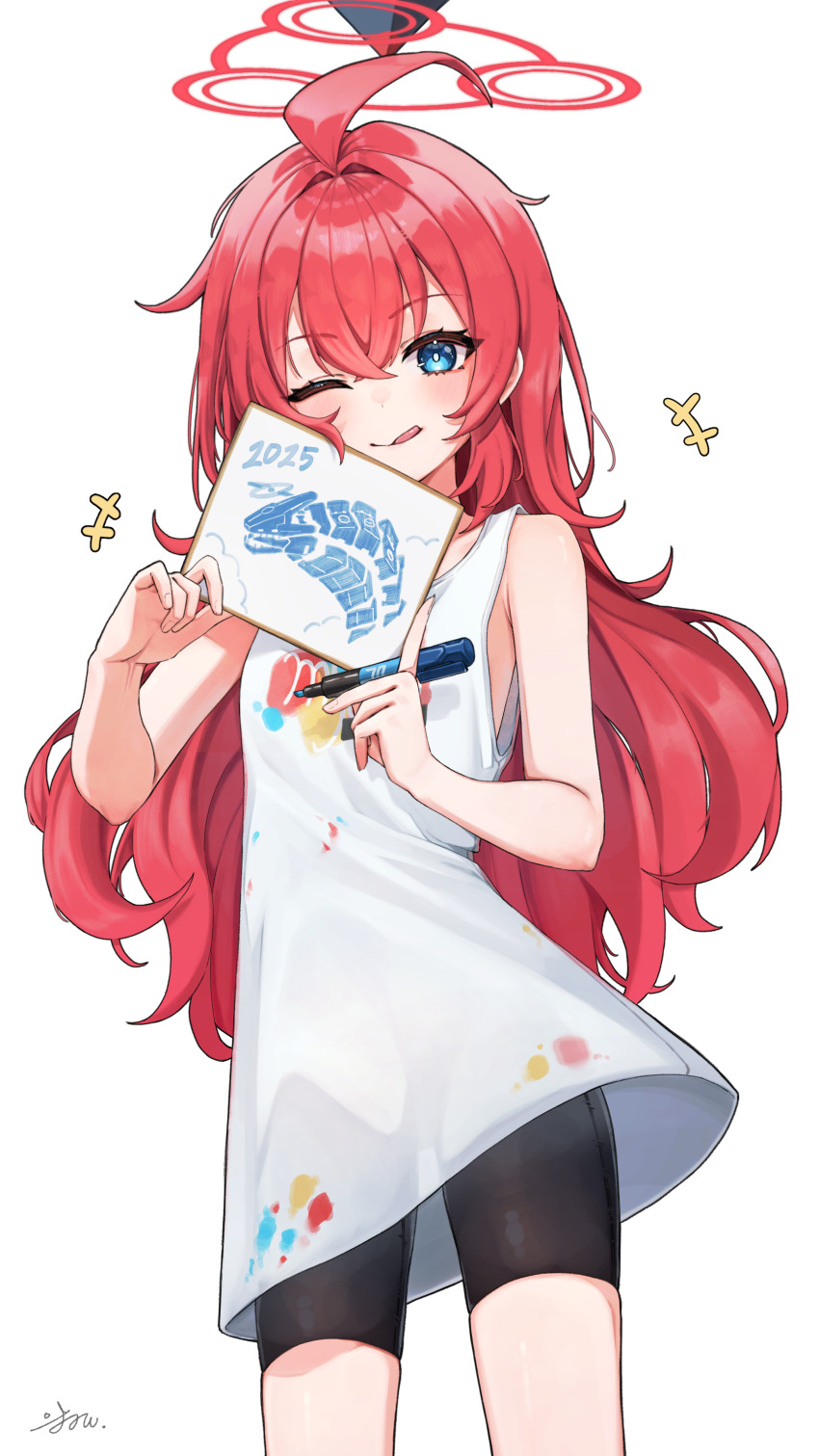1girl ;q absurdres ahoge bike_shorts binah_(blue_archive) black_shorts blue_archive blue_eyes blush commentary_request crossed_bangs feet_out_of_frame hair_between_eyes hair_intakes halo highres holding holding_marker long_hair looking_at_viewer maki_(blue_archive) maki_(pajamas)_(blue_archive) marker mixed-language_commentary official_alternate_costume official_alternate_hairstyle one_eye_closed paint_splatter red_hair red_halo shorts solo standing tank_top tongue tongue_out white_background white_tank_top yuon_6262