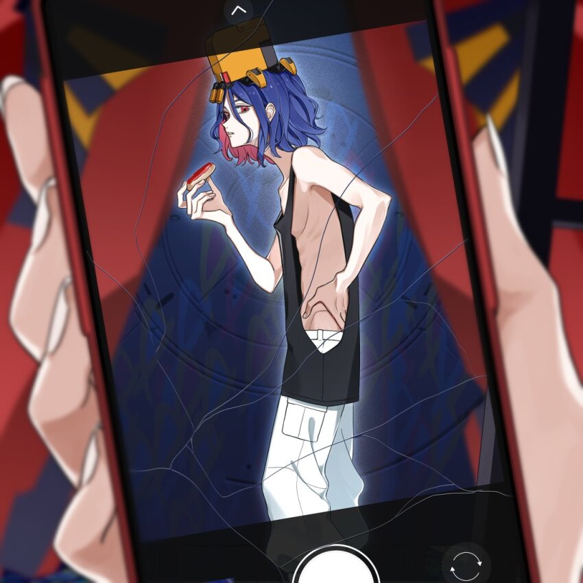 1boy 1girl amate_yuzuriha blue_hair cellphone colored_inner_hair commentary conch_(gundam) cracked_screen eating english_commentary erumi-on food gundam gundam_gquuuuuux hand_on_own_hip holding holding_food holding_phone looking_at_viewer lower_eyelashes_only male_focus mixed-language_commentary multicolored_hair non-humanoid_robot open_mouth pants phone pov pov_hands red_eyes red_hair robot short_hair shuji_ito sleeveless smartphone solo tank_top two-tone_hair