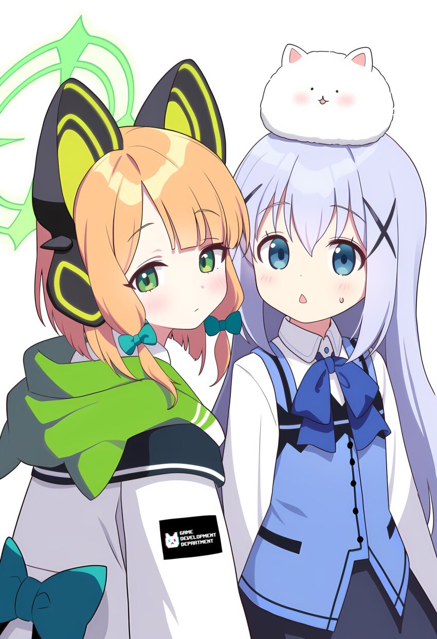2girls angora_rabbit animal animal_ear_headphones animal_ears animal_on_head apron aqua_bow arms_at_sides blue_apron blue_archive blue_eyes blue_hair blue_skirt blunt_bangs blush bow buttons cat_ear_headphones chestnut_mouth closed_mouth collared_shirt cowboy_shot crosshair dot_nose ekoren expressionless fake_animal_ears gochuumon_wa_usagi_desu_ka? green_eyes green_halo green_headphones hair_ornament hair_tie halo headphones highres kafuu_chino light_blush logo_print long_hair long_sleeves looking_at_another looking_at_viewer low-tied_medium_hair medium_eyebrows medium_hair midori_(blue_archive) multiple_girls on_head open_mouth orange_hair rabbit rabbit_on_head shirt simple_background skirt sweatdrop tippy_(gochiusa) very_long_hair white_background white_shirt winter_uniform x_hair_ornament