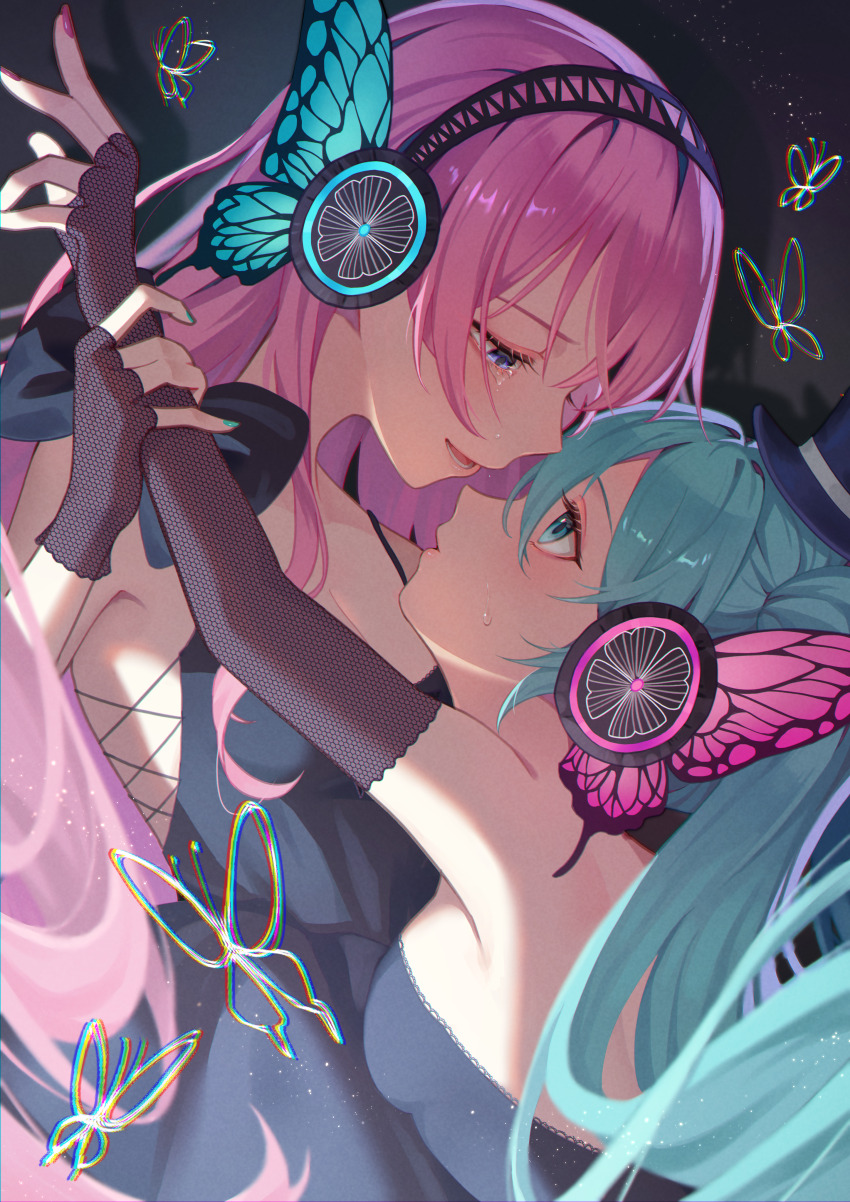 2girls absurdres aqua_eyes aqua_hair aqua_nails black_gloves blue_eyes blue_hair butterfly_wings chromatic_aberration crying crying_with_eyes_open eye_contact fingerless_gloves gloves hat hatsune_miku headphones highres holding_another&#039;s_arm insect_wings long_hair looking_at_another looking_down looking_up magnet_(vocaloid) megurine_luka mini_hat mini_top_hat multiple_girls nagi-negitoro non-web_source pink_hair pink_nails tears top_hat twintails very_long_hair vocaloid wings yuri