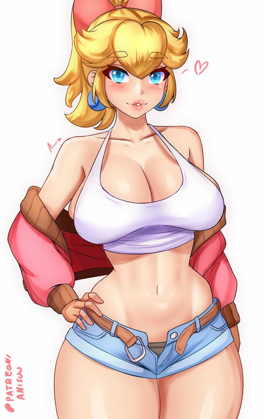 1girl anisdrawn blonde_hair blue_eyes blush bow breasts cleavage denim denim_shorts earrings hair_bow hand_on_own_hip heart highres jacket jewelry large_breasts long_hair looking_at_viewer mario_(series) mario_kart mario_kart_world midriff navel nintendo open_clothes open_fly open_jacket pink_bow pink_jacket princess_peach princess_peach_(touring) puckered_lips shorts simple_background smile solo sphere_earrings tank_top toned white_tank_top