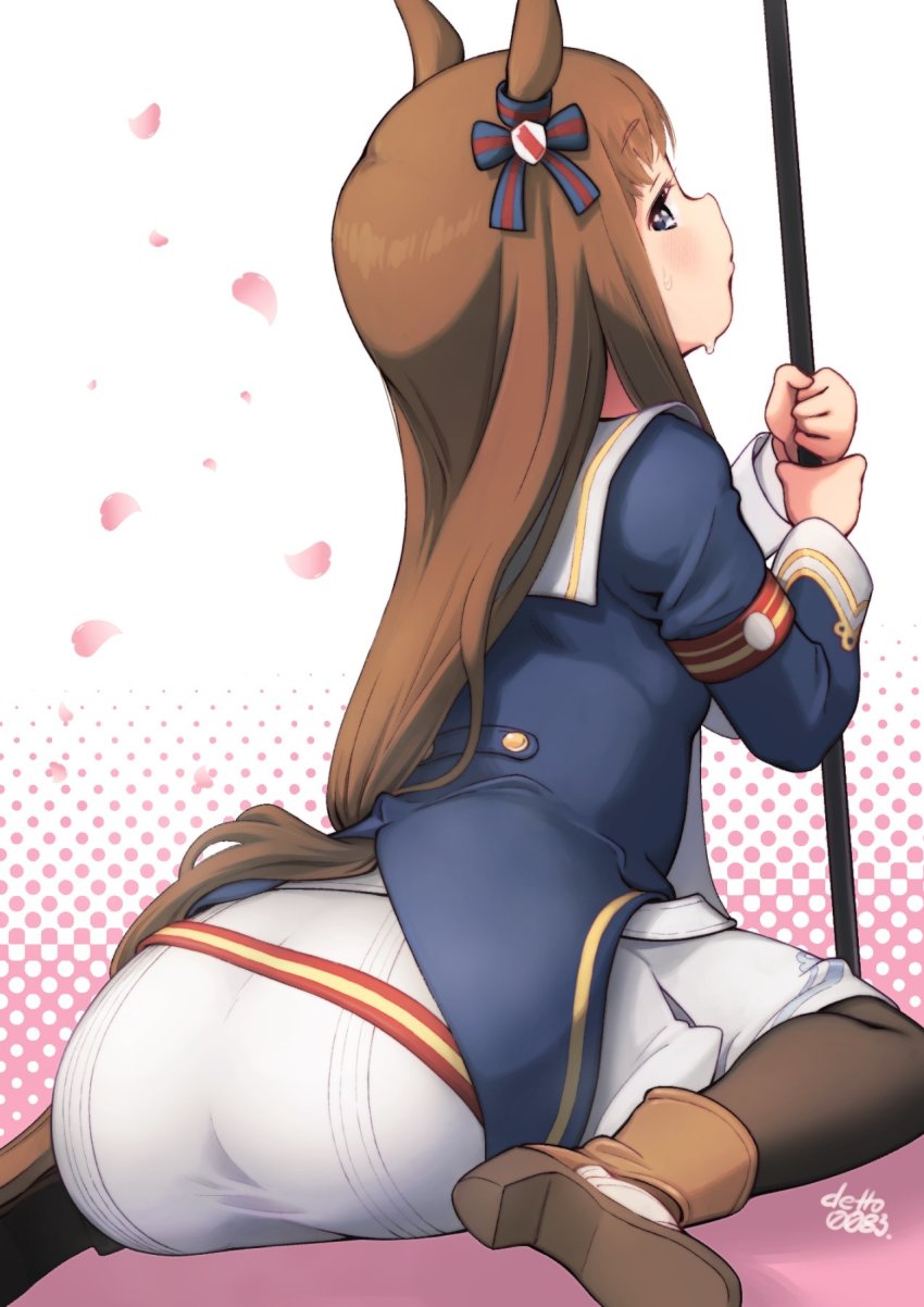 1girl animal_ears artist_name ass blush brown_hair commentary_request deto grass_wonder_(umamusume) hair_ornament highres horse_ears horse_girl horse_tail looking_at_viewer looking_back naginata pantyhose polearm seiza simple_background sitting tail umamusume weapon