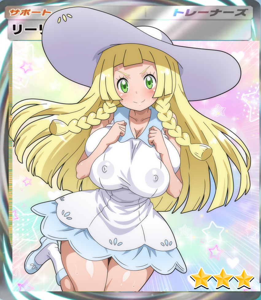 1girl absurdres blonde_hair braid breasts collared_dress covered_erect_nipples dress female_focus green_eyes hat highres hitokiwa_kenchin large_breasts lillie_(pokemon) nintendo no_bra pokemon pokemon_sm pokemon_tcg pokemon_tcg_pocket solo sun_hat sundress sweat twin_braids white_dress