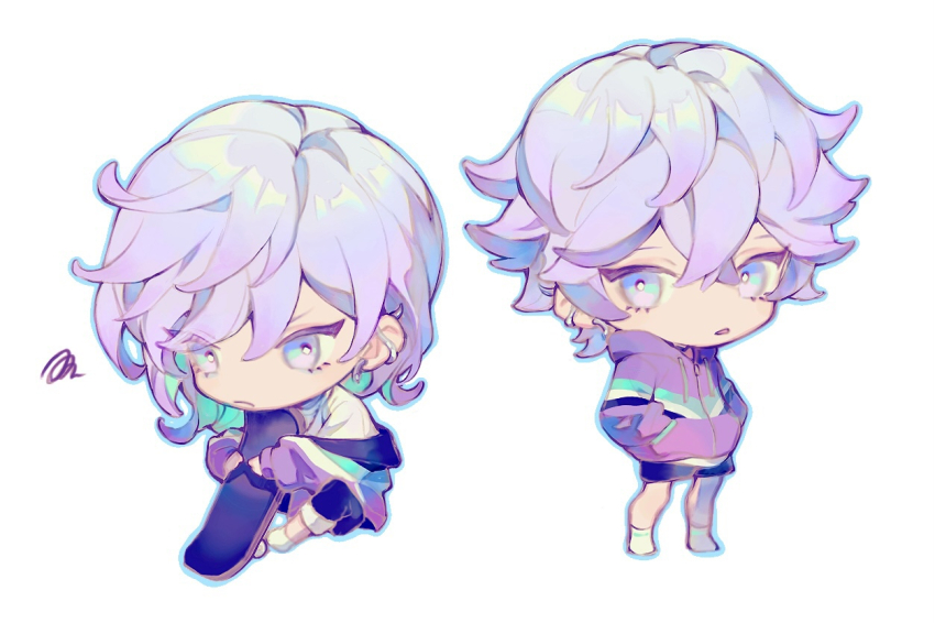 2boys black_pants black_shorts chibi closed_mouth commentary_request cozmez_(paradox_live) crossed_legs ear_piercing full_body hair_between_eyes hands_in_pockets jacket looking_at_another male_focus medium_hair multicolored_jacket multiple_boys pants paradox_live piercing purple_eyes purple_jacket sei_(_mo1008) short_hair shorts simple_background sitting skateboard socks standing v-shaped_eyebrows white_background white_socks yatonokami_kanata yatonokami_nayuta zipper