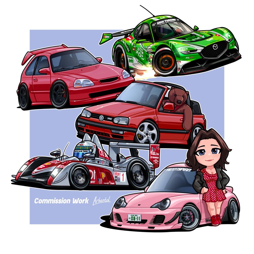 1boy 1girl american_le_mans_series arhentol artist_name audi audi_r10_tdi black_jacket blue_eyes breasts brown_hair car chibi cleavage commentary commission convertible dress english_commentary gran_turismo helmet highres honda honda_civic italian_flag jacket le_mans_prototype license_plate mazda mazda_rx-vision medium_breasts motor_vehicle polka_dot polka_dot_dress porsche porsche_911 porsche_996 race_vehicle racecar radio raelyn_cunningham_(arhentol) red_dress red_footwear scottish_flag shell_(company) shoes short_hair sneakers spoiler_(automobile) stance_(vehicle) stuffed_animal stuffed_toy teddy_bear vehicle_focus volkswagen volkswagen_golf