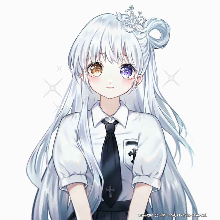 1girl black_necktie black_skirt brown_eyes closed_mouth collared_shirt commission danby_merong grey_background hair_rings heterochromia long_hair looking_at_viewer necktie original pleated_skirt puffy_short_sleeves puffy_sleeves purple_eyes shirt short_sleeves silver_hair simple_background skirt smile solo sparkle very_long_hair white_shirt