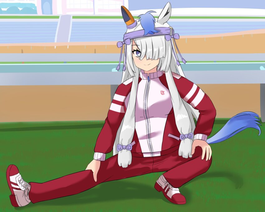 1girl alternate_costume animal_ears blue_eyes blue_hair blush bow ear_covers gyokuryu_(kemono_friends) hair_bow hair_over_one_eye hairband highres horse_ears horse_girl horse_tail kemono_friends kemono_friends_3 long_hair long_sleeves mindooosan multicolored_shoes multiple_girls pants purple_bow purple_hairband red_pants red_shirt red_shoes red_track_suit shirt shoes sidelocks single_ear_cover smile sneakers solo stretching tail tracen_training_uniform track_suit two-tone_pants two-tone_shoes umamusume white_hair white_pants white_shirt white_shoes