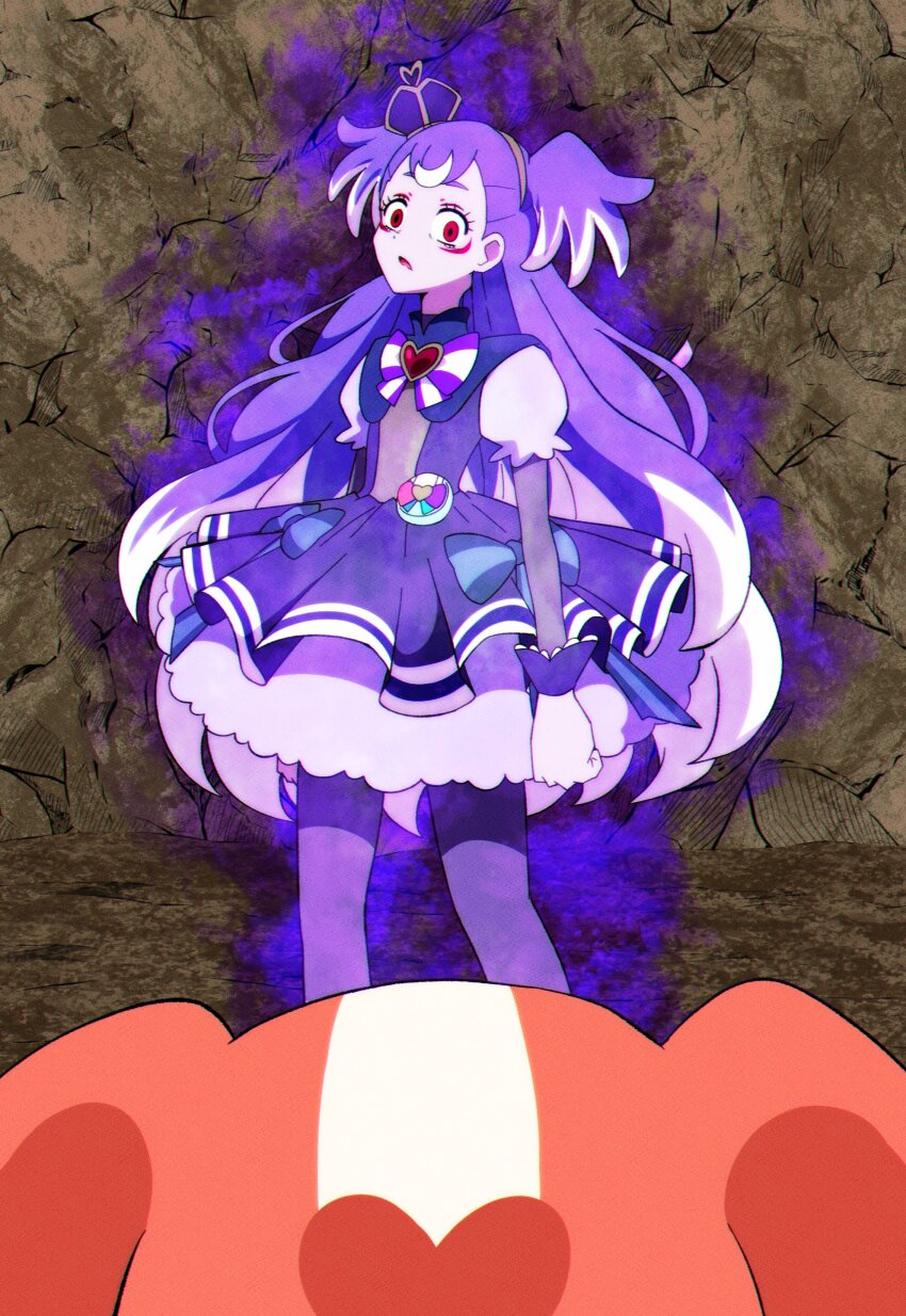 1girl 2girls @est@ absurdres aura brooch brown_fur commentary_request corrupted crown cure_wonderful dark_aura dark_persona heart heart_brooch highres inukai_iroha inukai_iroha_(dog)_(@est@) inukai_komugi jewelry long_hair mini_crown multiple_girls outdoors pact_holder precure purple_hair red_eyes shih_tzu wonderful_precure!