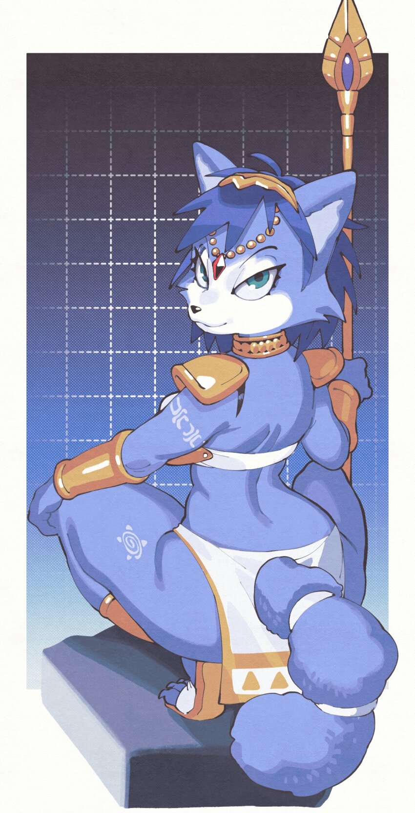 1girl animal_ears animal_nose arm_tattoo bandeau blue_fur blue_hair body_fur bracelet breasts circlet commission forehead_jewel fox_ears fox_girl fox_tail from_behind full_body furry furry_female gem gold_bracelet gold_circlet green_eyes highres holding holding_polearm holding_staff holding_weapon inkerton-kun jewelry krystal leg_tattoo loincloth looking_at_viewer looking_back neck_ring nintendo polearm red_gemstone second-party_source short_hair shoulder_pads smile snout solo squatting staff star_fox star_fox_adventures tail tail_ornament tail_ring tattoo two-tone_fur weapon white_bandeau white_fur