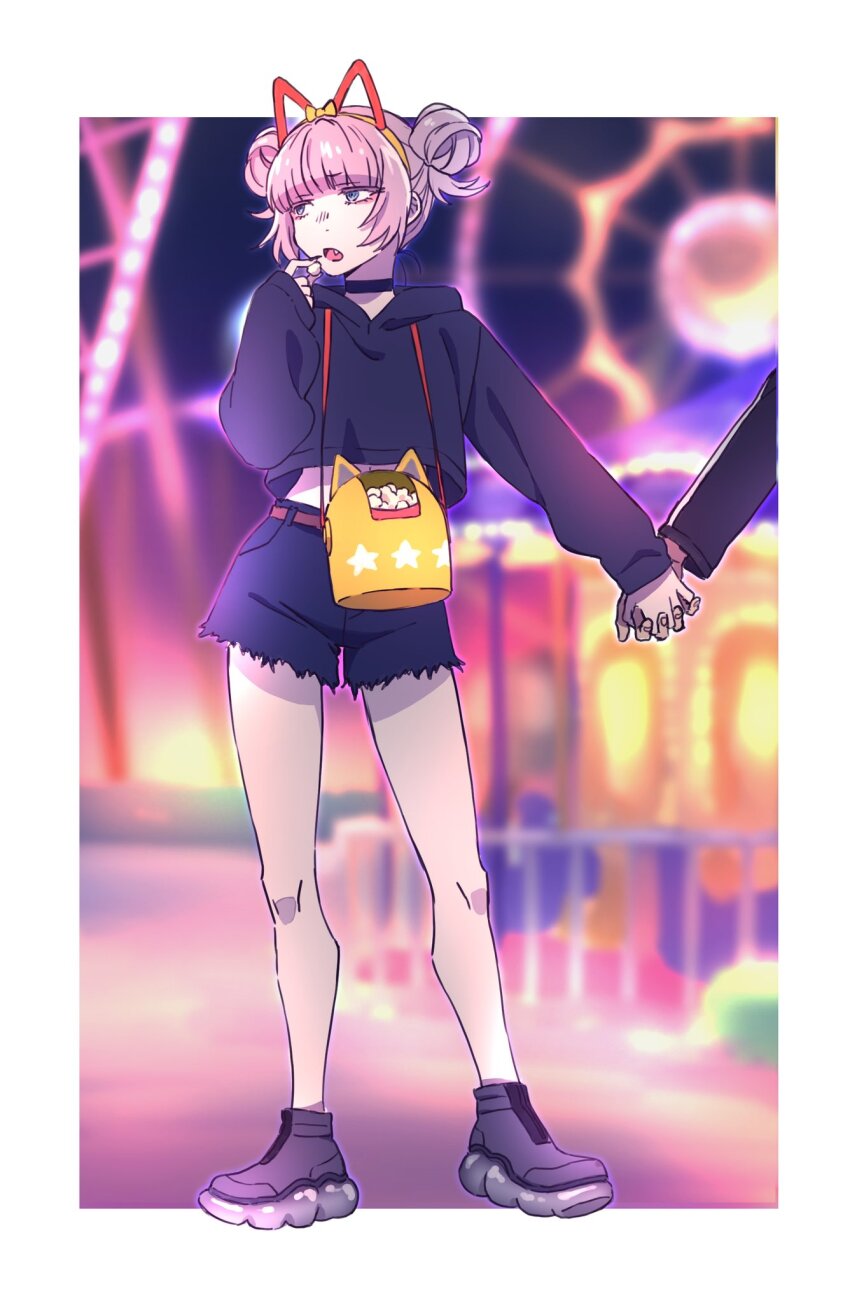 1boy 1girl amusement_park belt blue_eyes carousel fang ferris_wheel full_body highres holding_hands nail_polish nanakusa_nazuna_(yofukashi_no_uta) open_mouth ringed_eyes sagawa_haruka short_hair shorts star_(symbol) yamori_kou yofukashi_no_uta