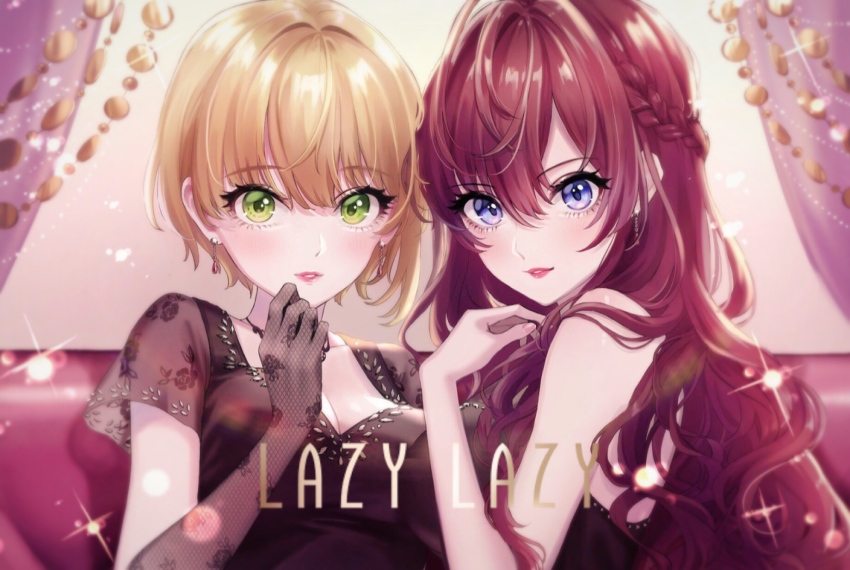 2girls black_dress blonde_hair blue_eyes braid breasts brown_hair cleavage commentary_request couch crazy_crazy_(idolmaster) curtains dress earrings elbow_gloves eyelashes fishnet_gloves fishnets gloves green_eyes highres ichinose_shiki idolmaster idolmaster_cinderella_girls jewelry large_breasts lipstick long_hair magako makeup miyamoto_frederica multiple_girls see-through_clothes see-through_cleavage short_hair upper_body