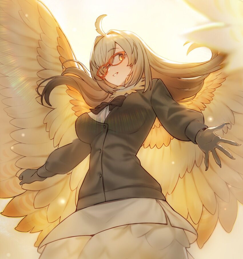 1girl ahoge animal_hands bird_legs blurry bow bowtie breasts brown_feathers cardigan commentary_request feathered_wings feathers glasses hair_intakes hair_over_one_eye half-harpy highres large_breasts long_hair looking_at_viewer monster_girl multicolored_wings neck_fur open_hand open_mouth orange_feathers red-framed_eyewear revision skirt smile solo sparkle tokyo_houkago_summoners tyou upper_body white_feathers wings yellow_feathers ziz_(housamo)
