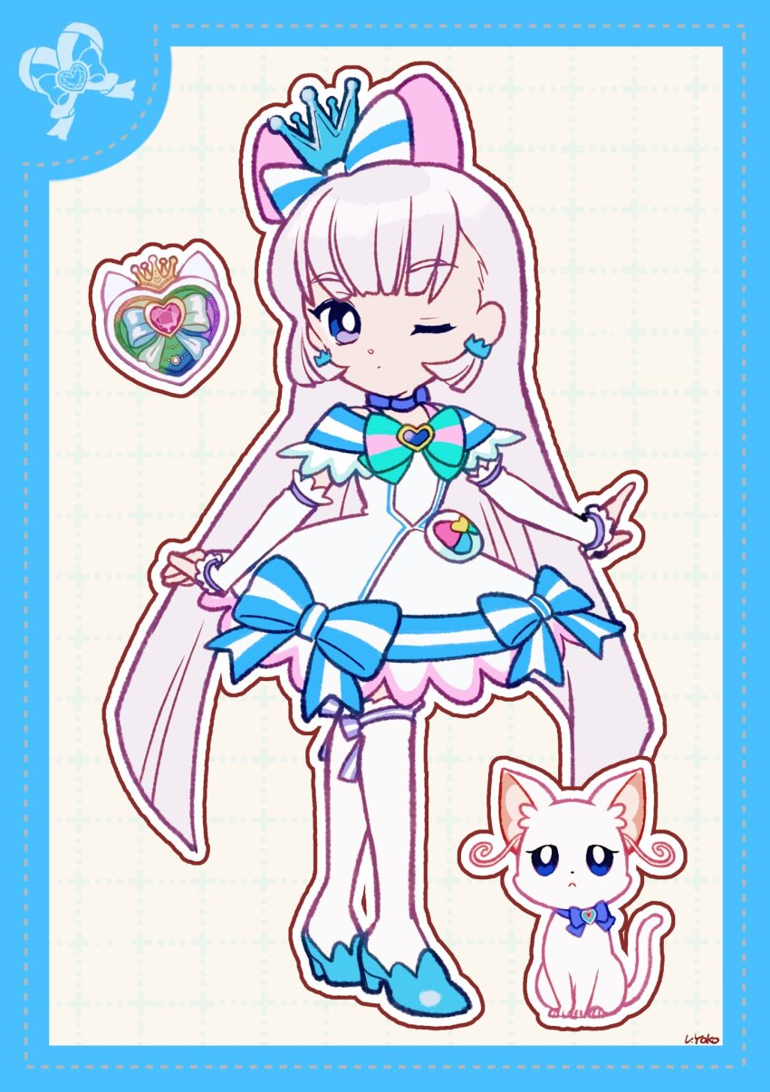 1girl ;o aqua_bow aqua_bowtie bag_bow blue_bag blue_border blue_bow blue_brooch blue_choker blue_crown blue_eyes blue_shoes blue_sleeves blunt_bangs blunt_ends border bow bow_choker bow_legwear bowtie bright_pupils brooch cat choker crown crown_earrings cure_nyammy deformed dot_nose dotted_line dress dress_bow dual_persona earrings expressionless eyelashes frilled_arm_warmers frilled_sleeves frilled_thighhighs frills grey_background grid_background hair_bow heart heart_brooch high_heels highres jewelry large_bow long_hair looking_at_viewer magical_girl medium_dress mini_crown multicolored_bow nekoyashiki_yuki nekoyashiki_yuki_(cat) one_eye_closed outline parted_lips pink_bow precure pumps purple_bow shoes short_sleeves signature single_stripe striped_bow striped_bowtie striped_clothes striped_sleeves thighhighs two-tone_bag uwded_207 very_long_hair waist_bag white_arm_warmers white_bag white_bow white_cat white_dress white_hair white_outline white_pupils white_thighhighs wonderful_precure!