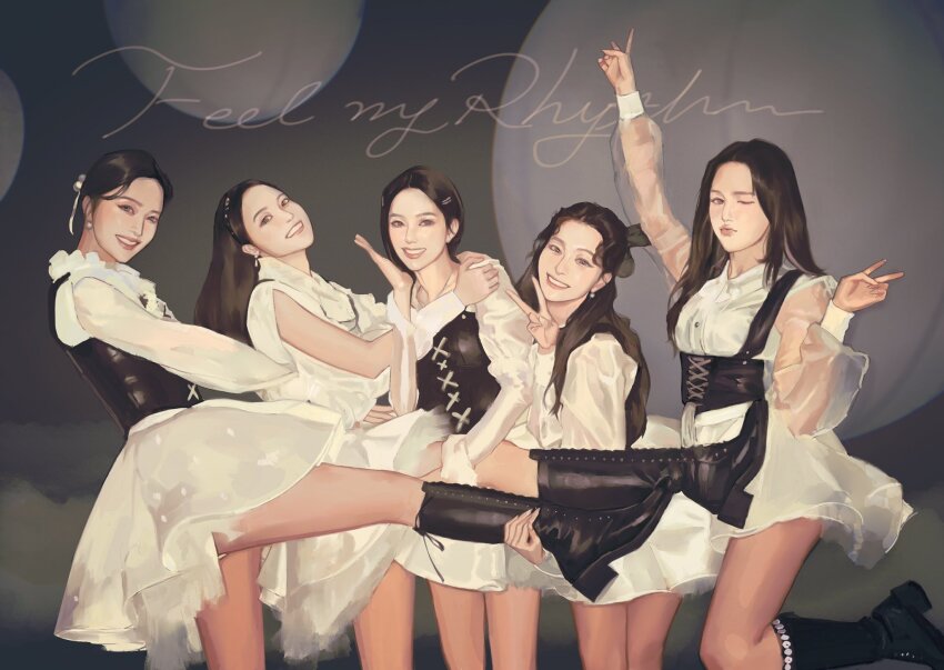 5girls arm_up black_corset black_footwear black_hair boots corset dorcas1004 dress earrings hair_bun highres holding_another&#039;s_leg irene_(red_velvet) jewelry joy_(red_velvet) k-pop leg_up long_hair long_sleeves looking_at_viewer multiple_girls one_eye_closed real_life realistic red_velvet_(group) see-through_clothes see-through_sleeves seulgi_(red_velvet) song_name v wendy_(red_velvet) white_dress yeri_(red_velvet)