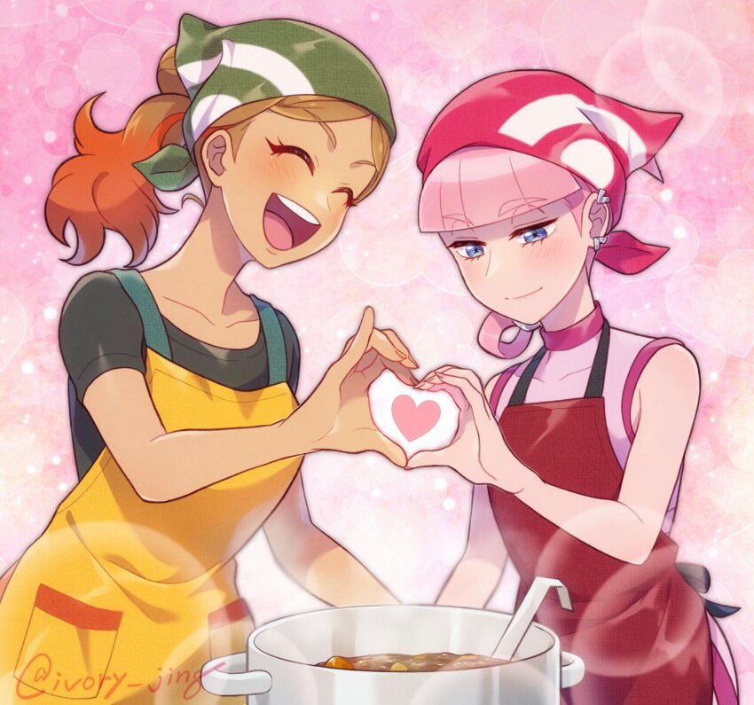 2girls apron artist_name bandana blue_eyes brown_hair closed_eyes collarbone ear_piercing heart heart_hands heart_hands_duo highres hotpot ivory_(25680nico) light_blush long_hair mollie_(pokemon) multiple_girls nintendo open_mouth orla_(pokemon) piercing pink_background pink_hair pokemon pokemon_(anime) pokemon_horizons simple_background smile stew teeth upper_teeth_only yuri