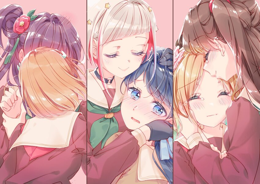 6+girls ^_^ aqua_neckerchief black_choker black_gloves blonde_hair blue_eyes blue_hair blue_ribbon blush bob_cut brown_cardigan brown_dress brown_hair cardigan cerise_bouquet choker closed_eyes closed_mouth colored_inner_hair column_lineup commentary commentary_request diagonal_bangs dollchestra dress flower fujishima_megumi gloves hair_bun hair_flower hair_ornament hair_ribbon half_gloves hasu_no_sora_school_uniform highres hinoshita_kaho holding_another&#039;s_wrist hug inverted_bob kiss kissing_forehead link!_like!_love_live! long_hair long_sleeves love_live! low_twintails medium_hair mimori_(cotton_heart) mira-cra_park! multicolored_hair multiple_girls murano_sayaka neckerchief nose_blush o-ring o-ring_choker orange_hair osawa_rurino otomune_kozue parted_bangs parted_lips pink_background pink_flower profile purple_hair rabbit_hair_ornament red_flower red_hair red_neckerchief ribbon sailor_collar sailor_dress school_uniform short_hair side_ponytail sidelocks sideways_mouth simple_background single_side_bun smile star_(symbol) star_hair_ornament streaked_hair tassel tassel_hair_ornament tears twintails two_side_up u_u virtual_youtuber wavy_mouth white_hair white_sailor_collar winter_uniform yugiri_tsuzuri yuri