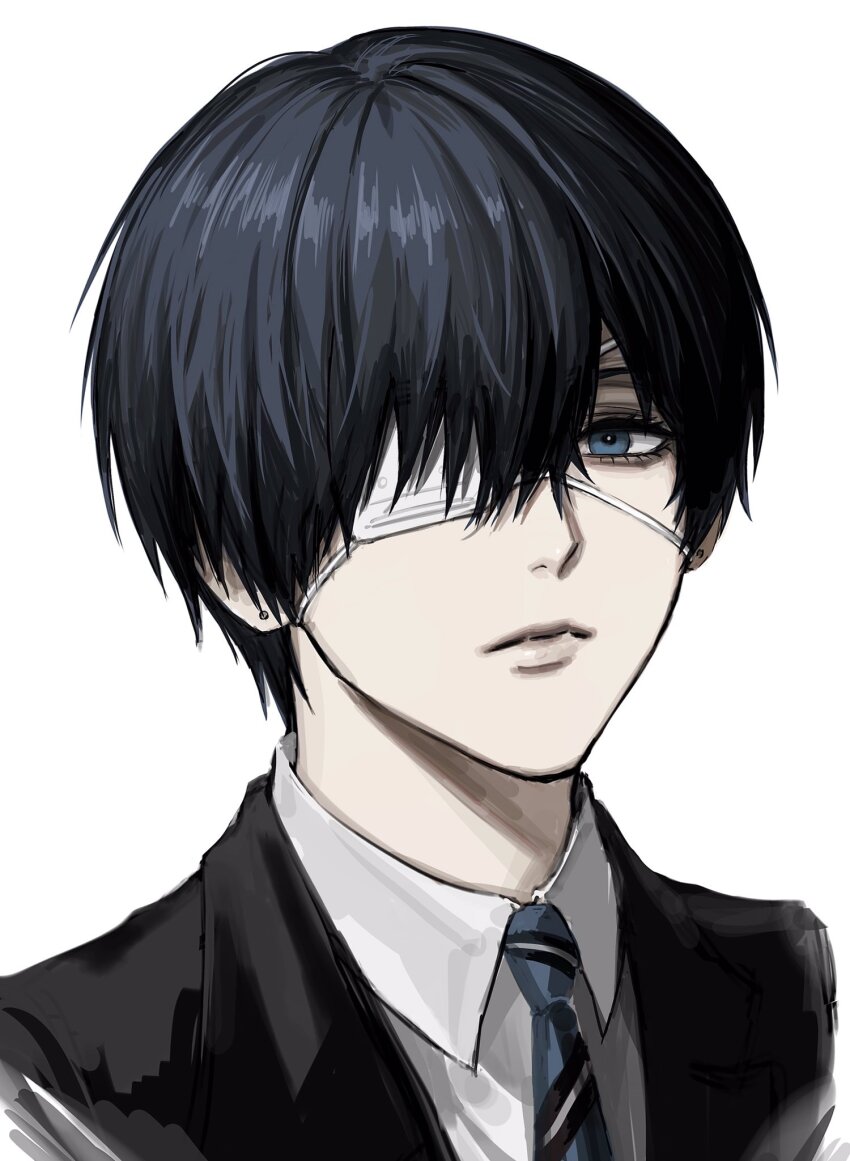 1boy black_hair blue_eyes ciel_phantomhive earrings eyepatch highres jewelry kuroshitsuji lips male_focus necktie official_alternate_costume pale_skin solo sso_s