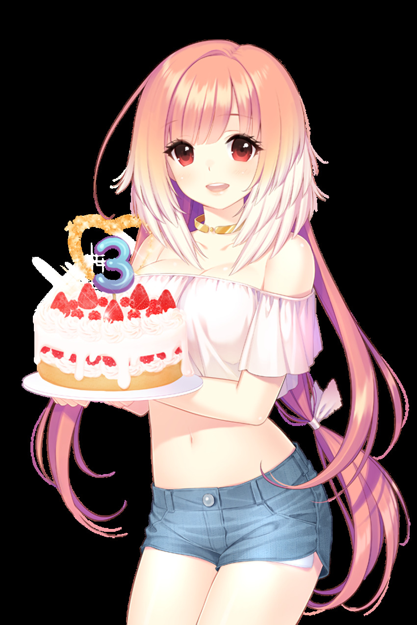 1girl bare_shoulders blue_shorts breasts cake cleavage food fruit heart highres holding holding_cake holding_food large_breasts long_hair looking_at_viewer off_shoulder official_art open_mouth pink_shirt selena_(soccer_spirits) shirahane_nao shirt shorts smile soccer_spirits stomach strawberry transparent_background