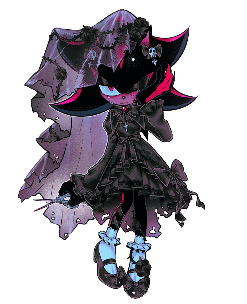 1boy absurdres alternate_costume black_bow black_dress black_flower black_rose black_shoes blood blood_on_face bow commentary crossdressing dress english_commentary floral_print flower full_body furry furry_male gothic_lolita hair_ornament hand_on_own_cheek hand_on_own_face highres holding holding_scissors lolita_fashion long_sleeves looking_at_viewer male_focus one_eye_closed plant red_eyes rose sa1k_a scissors shadow_the_hedgehog shoes simple_background socks solo sonic_(series) tears trap veil vines white_background white_socks