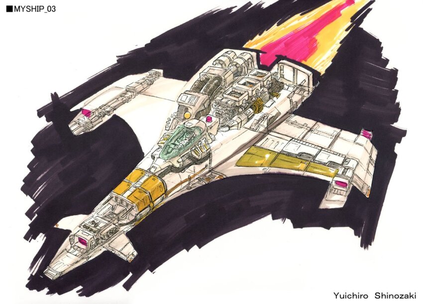 1980s_(style) 1boy artist_name cockpit flying galaxian interior official_art oldschool pilot retro_artstyle see-through_clothes shinozaki_yuichiro solo spacecraft tagme
