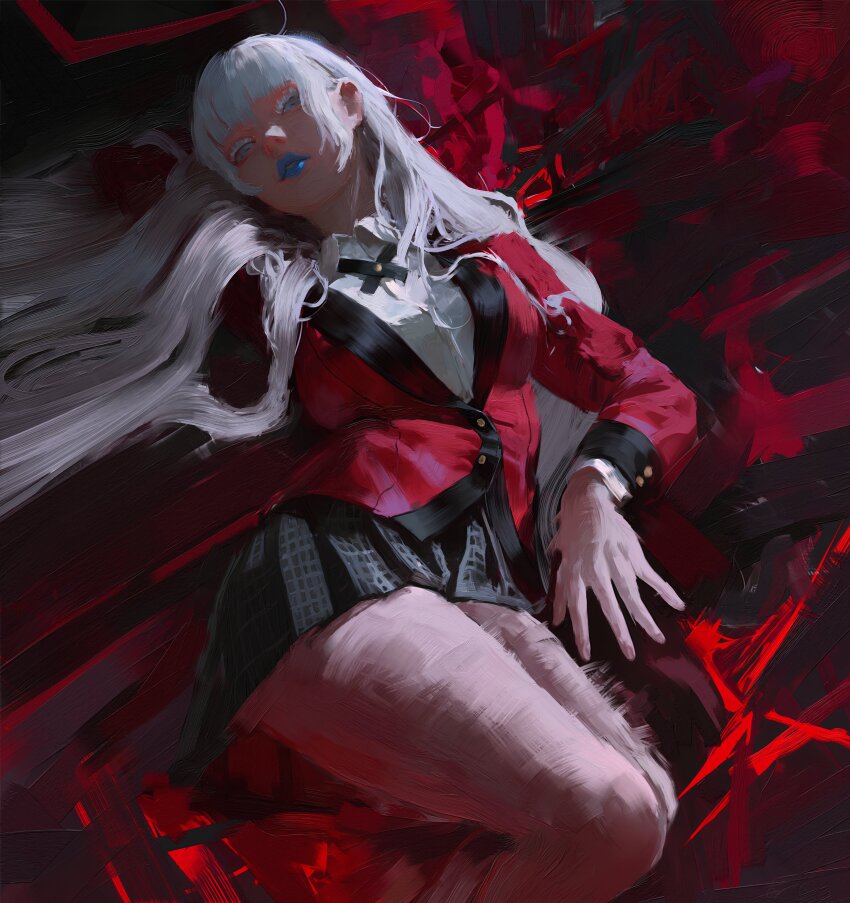 absurdres aqua_lips aqua_nails black_cross_tie black_skirt blue_eyes blue_lips breasts brush_stroke colored_eyelashes cross_tie daodtt formal_clothes highres hyakkaou_academy_school_uniform jacket kakegurui lipstick long_hair looking_at_viewer lying makeup medium_breasts microskirt momobami_kirari on_back pleated_skirt red_jacket red_suit school_uniform shaded_face shadow shirt short_bangs skirt suit thighs traditional_media white_hair white_shirt