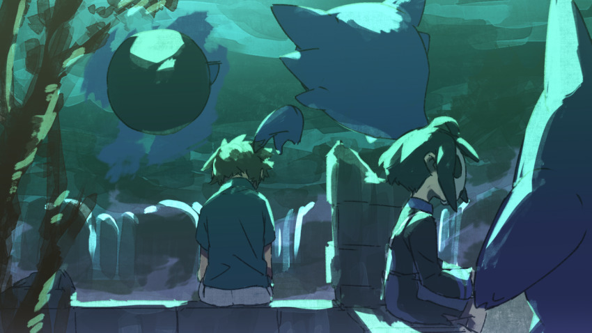 2boys allister_(pokemon) black_hair brown_hair gastly gen_1_pokemon gengar graveyard gym_leader haunter long_sleeves male_focus mask multiple_boys night nintendo outdoors pokemon pokemon:_twilight_wings pokemon_(creature) pokemon_swsh shirt shorts sitting suruga_dbh tombstone tommy_(pokemon) tree
