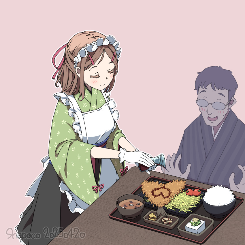 1boy 1girl apron artist_name blush bottle bowl brown_hair cherry_tomato closed_eyes closed_mouth dated floral_print floral_print_kimono food fried_horse_mackerel frilled_apron frills glasses gloves green_kimono grey_kimono heart highres holding holding_bottle jacket japanese_clothes kimono long_sleeves maid maid_headdress making-of_available open_clothes open_jacket original pouring print_kimono rice rice_bowl shapoco short_hair simple_background smile soup soy_sauce soy_sauce_bottle table tomato tray wa_maid white_apron white_gloves wide_sleeves