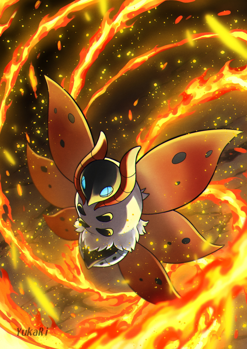 animal_focus artist_name backlighting blue_eyes bug chromatic_aberration embers fire fire_spin_(pokemon) floating full_body gen_5_pokemon highres nintendo no_humans orange_theme pokemon pokemon_(creature) pokemon_move solo volcarona watermark yukari_(yukari21653710)