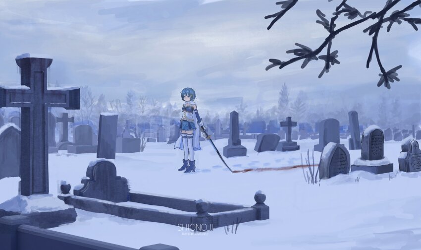1girl artist_logo blood blood_on_snow bloody_weapon blue_boots blue_hair blue_skirt boots cape cross detached_sleeves gloves graveyard high_heel_boots high_heels highres holding holding_sword holding_weapon logo magical_girl mahou_shoujo_madoka_magica mahou_shoujo_madoka_magica_(anime) miki_sayaka miki_sayaka_(magical_girl) miniskirt outdoors shionoji08 short_hair skirt snow solo standing sword thighhighs tombstone tree weapon white_cape white_gloves white_thighhighs winter