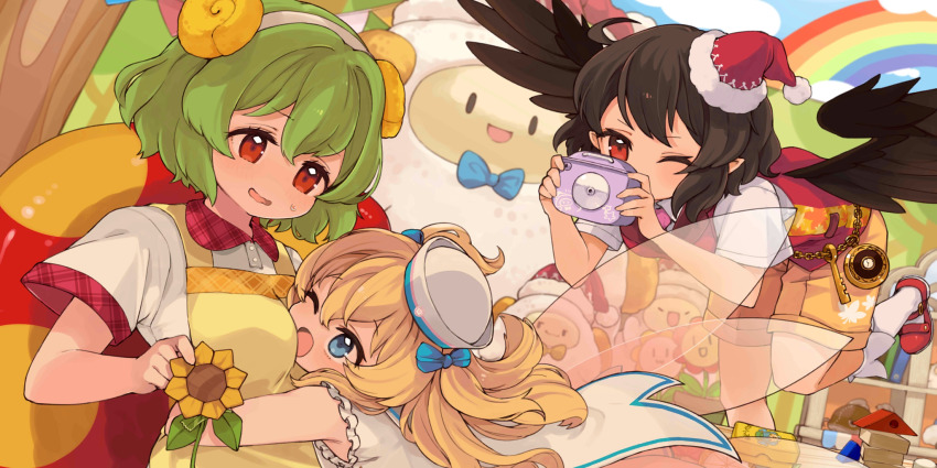 3girls alternate_costume alternate_headwear apron bird_wings blonde_hair blue_eyes blush breasts brown_hair camera chain collared_shirt commentary english_commentary fairy fairy_wings fake_horns flower fur-trimmed_headwear fur_trim game_cg green_hair hairband hat highres holding holding_camera horn_hairband horns hug kazami_yuuka kazami_yuuka_(fairy_kindergarteners&#039;_gardener) key leaf_print mota multiple_girls necktie official_art one_eye_closed open_mouth orange_shorts origami pink_necktie plant pocket_watch pointy_ears potted_plant print_shorts rainbow red_eyes red_hat red_shoes red_vest santa_hat shameimaru_aya shirt shoes short_hair short_sleeves shorts smile socks sunflower sunny_milk sweatdrop taking_picture third-party_source touhou touhou_lostword vest watch white_hairband white_hat white_shirt white_socks wings yellow_apron yellow_flower