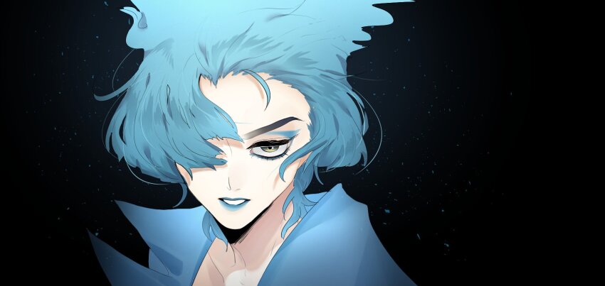 1girl black_background blue_fire blue_hair blue_lips disney disneyland fire formal_clothes genderswap hades_(disney) hercules_(1997_film) highres lipstick looking_at_viewer makeup ms._hades rl10_02 simple_background solo suit upper_body