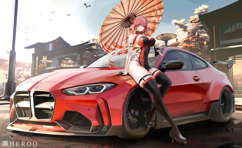 1girl absurdres alternate_costume architecture arm_behind_back artist_name black_boots black_gloves black_leotard black_thighhighs bmw bmw_m4 boots breasts car changli_(wuthering_waves) closed_mouth commentary east_asian_architecture elbow_gloves english_commentary fingerless_gloves full_body gloves hair_ornament high_heel_boots high_heels highres holding holding_umbrella large_breasts leaning_back leotard looking_at_viewer louu_heroo medium_hair motor_vehicle multicolored_leotard oil-paper_umbrella orange_eyes parted_lips pink_hair race_queen race_vehicle racecar red_car road solo sports_car standing standing_on_one_leg street thigh_boots thighhighs thighs tree two-tone_gloves two-tone_leotard umbrella white_gloves wuthering_waves