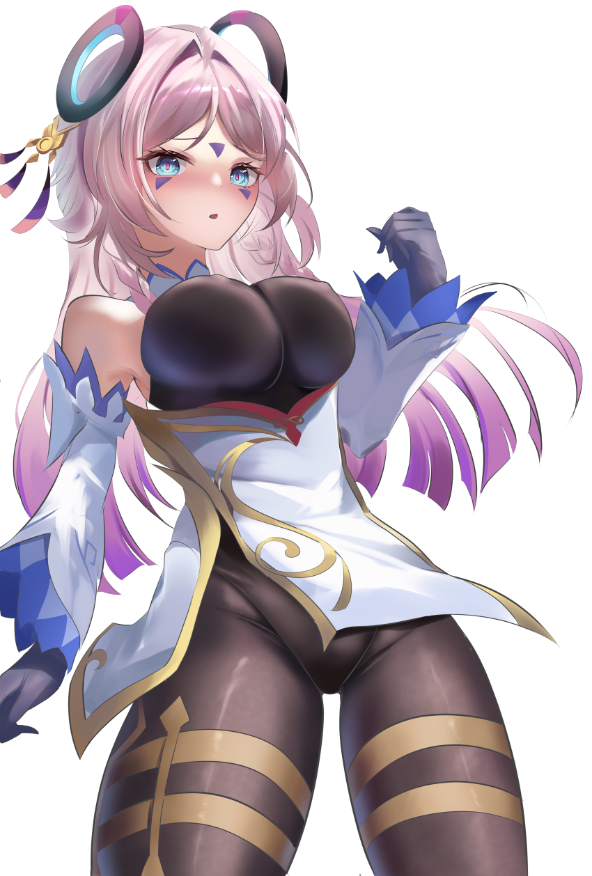 1girl absurdres bare_shoulders black_gloves black_pantyhose blue_eyes blush bodystocking breasts citlali_(genshin_impact) commentary_request cosplay detached_sleeves eitei_(20041204) facial_mark floating_headgear forehead_mark ganyu_(genshin_impact) ganyu_(genshin_impact)_(cosplay) genshin_impact gloves hand_up headgear highres large_breasts long_hair looking_at_viewer multicolored_hair pantyhose parted_lips pink_hair pink_pupils purple_hair solo triangle triangle_facial_mark very_long_hair white_background white_sleeves