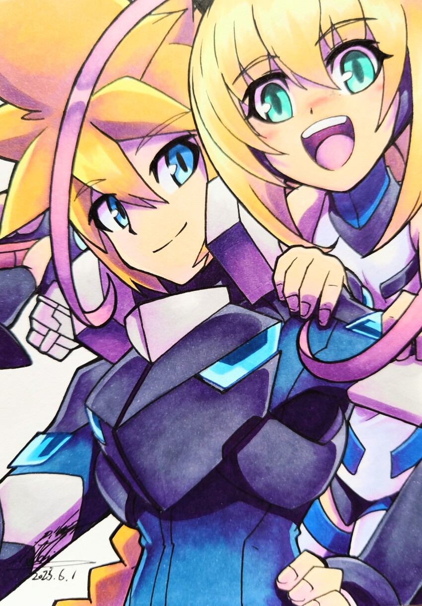 025aki 1boy 1girl absurdres armor azure_striker_gunvolt azure_striker_gunvolt_2 black_armor blonde_hair blue_coat blue_eyes braid braided_ponytail breastplate coat dated dress gun gunvolt highres holding holding_gun holding_weapon long_hair looking_at_viewer lumen_(gunvolt) multicolored_hair open_mouth pink_hair signature smile teeth tongue two-tone_hair upper_body upper_teeth_only weapon white_dress