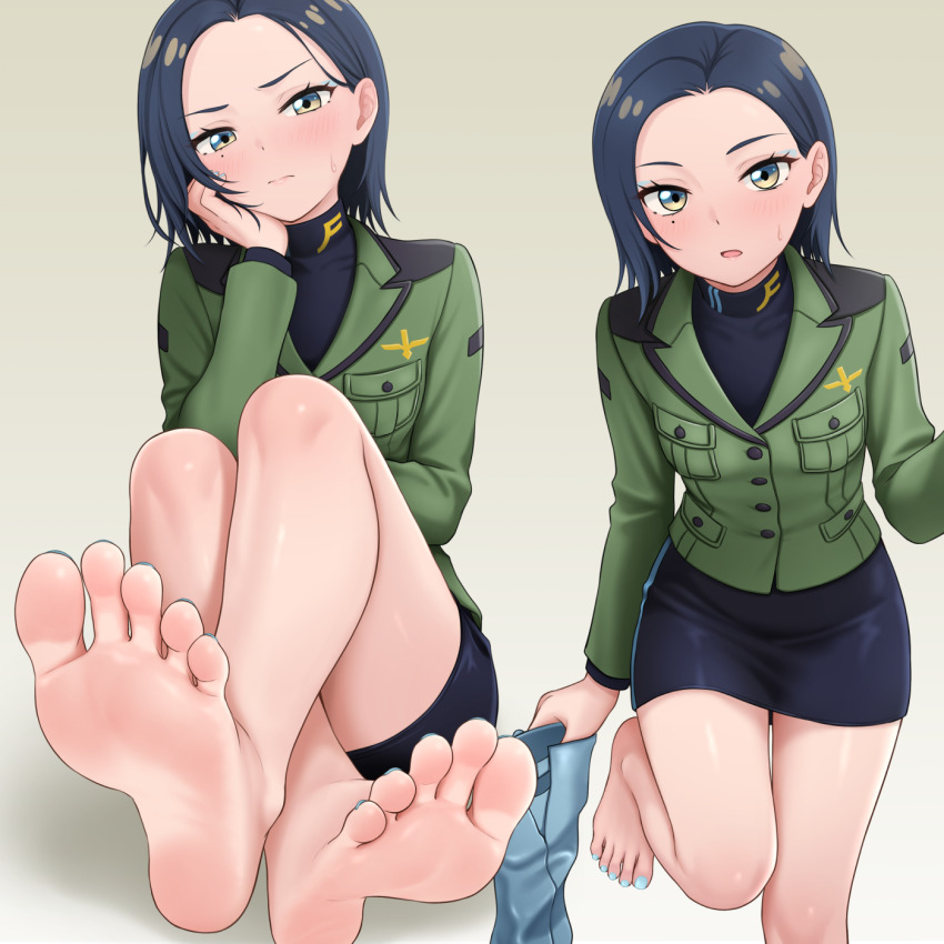 1girl barefoot blue_eyes blue_eyeshadow blue_hair blue_nails blush boots closed_mouth commentary_request comoli_harcourt eyeshadow feet foot_focus foreshortening green_jacket gundam gundam_gquuuuuux highres hinosaki holding holding_boots holding_footwear holding_unworn_clothes jacket makeup medium_hair military_jacket military_uniform mole mole_under_eye multicolored_eyes multiple_views nail_polish shirt skirt soles toenail_polish toenails toes turtleneck turtleneck_shirt two-tone_eyes unworn_boots yellow_eyes zeon