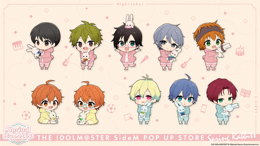 6+boys ahoge akiyama_hayato amamine_shu aoi_kyosuke aoi_yusuke black_eyes black_hair black_headband blonde_hair blue-framed_eyewear blue_eyes blue_hair brothers c.first_(idolmaster) chibi fuyumi_jun glasses green_eyes green_hair grey_eyes grey_hair hair_between_eyes hanazono_momohito headband high_x_joker_(idolmaster) highres holding holding_stuffed_toy idolmaster idolmaster_side-m iseya_shiki light_green_hair male_focus mayumi_eishin multiple_boys official_art open_mouth orange_hair pajamas panties pink-framed_eyewear pink_eyes pink_panties red_hair sakaki_natsuki shirt siblings slippers stuffed_animal stuffed_rabbit stuffed_toy twins underwear wakazato_haruna white_shirt