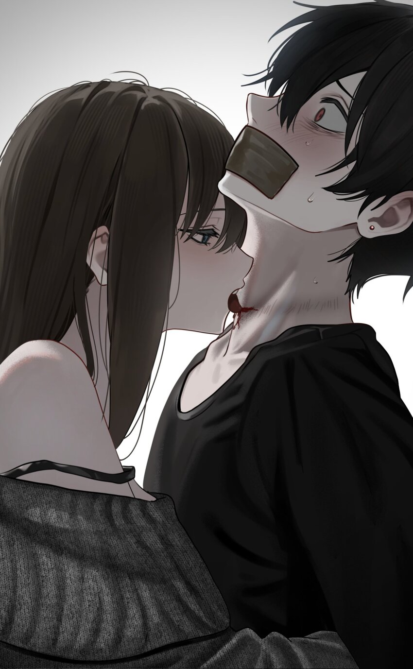 1boy 1girl akanei6no_sora bags_under_eyes black_hair black_shirt blood blush brown_hair ear_piercing femdom from_side gag hair_between_eyes hetero highres improvised_gag injury licking licking_another&#039;s_neck licking_blood long_hair original piercing profile red_eyes scar scar_on_neck shirt simple_background strap_slip sweat tape tape_gag tongue upper_body