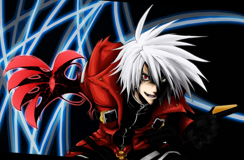 1boy arc_system_works blazblue gloves hakama hakama_skirt heterochromia japanese_clothes male_focus ragna_the_bloodedge silver_hair skirt smile solo tansan_otoko