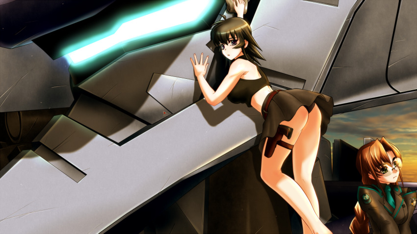 2girls :o against_mecha ass ayamine_kei black_panties black_shirt blue_necktie braid breasts brown_hair collared_shirt genya_(genya67) glasses grey_jacket gun hair_behind_ear handgun head_tilt highres holstered jacket juliet_sleeves large_breasts leaning leaning_forward long_sleeves looking_up mecha medium_hair military military_uniform multiple_girls muv-luv muv-luv_alternative necktie panties parted_bangs pistol puffy_sleeves purple_eyes robot round_eyewear sakaki_chizuru shirt sky tactical_surface_fighter thigh_strap twin_braids type_94_shiranui underwear visor weapon