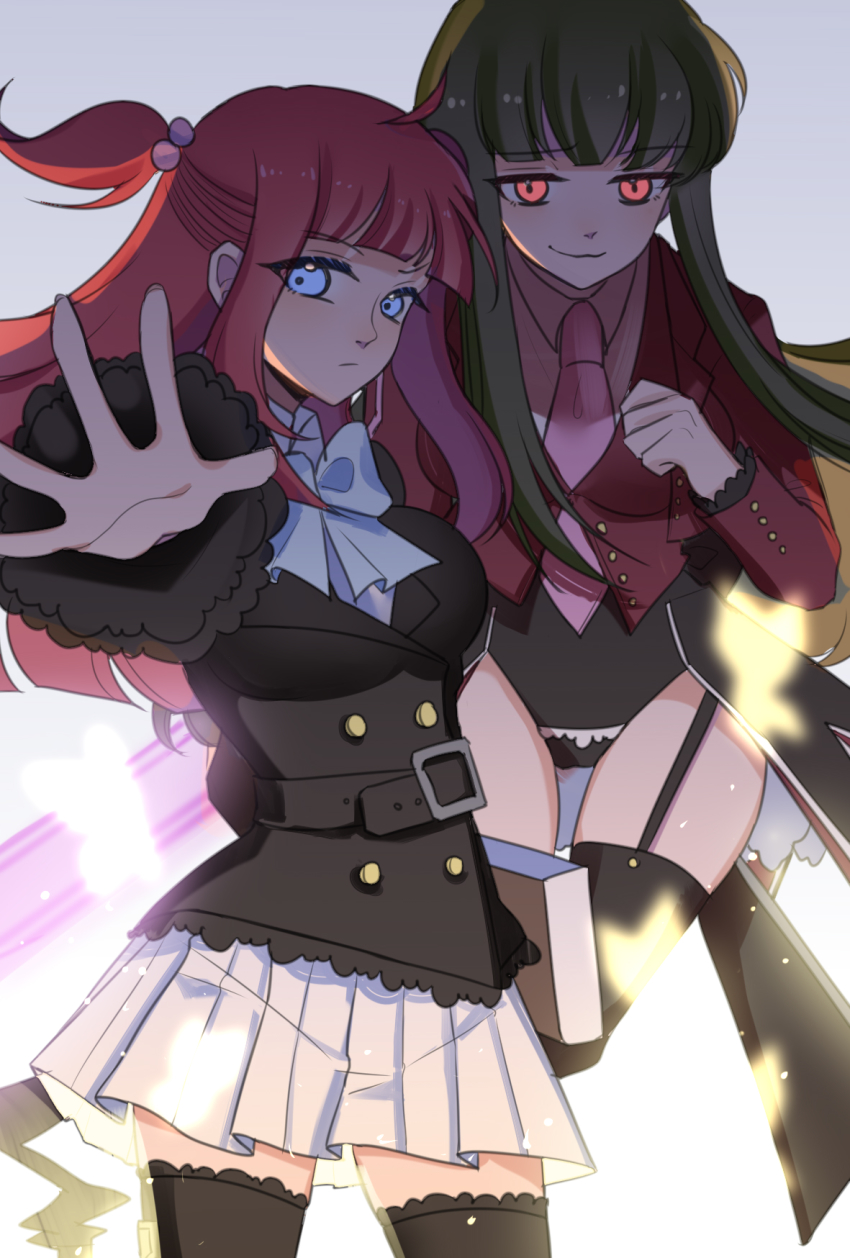 2girls black_legwear blazer blue_eyes book bow brown_hair garter_straps glowing glowing_eyes grimoire hair_bobbles hair_ornament highres jacket juliet_sleeves long_sleeves mammon_(umineko) multiple_girls necktie puffy_sleeves pumpkin_jiang red_eyes red_hair skirt stakes_of_purgatory thighhighs umineko_no_naku_koro_ni ushiromiya_ange white_skirt zettai_ryouiki