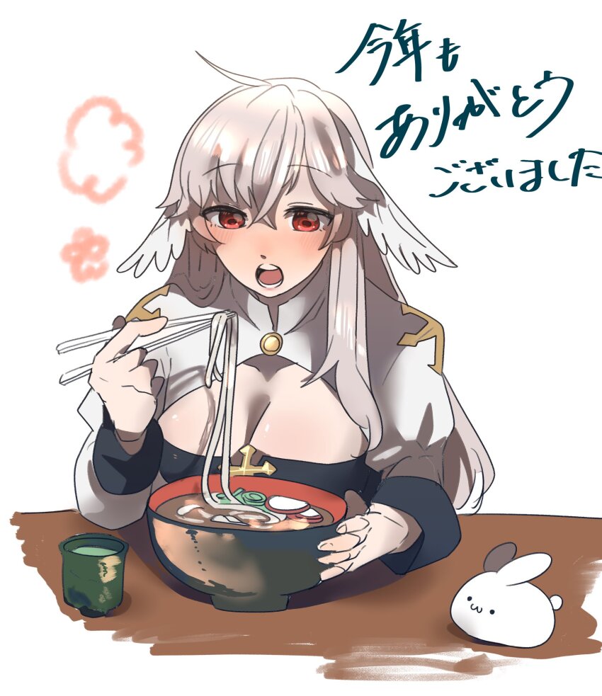 1girl arch_bishop_(ragnarok_online) black_dress blush bowl breasts chopsticks cleavage cleavage_cutout clothing_cutout commentary_request cross crossed_bangs cup datenshi_no_fu dress eating feathered_wings fish_cake food green_tea grey_hair hair_between_eyes head_wings highres holding holding_chopsticks juliet_sleeves large_breasts long_hair long_sleeves noodles open_mouth puffy_sleeves ragnarok_masters ragnarok_online red_eyes simple_background solo tea translation_request two-tone_dress udon upper_body very_long_hair white_background white_dress white_wings wings yunomi