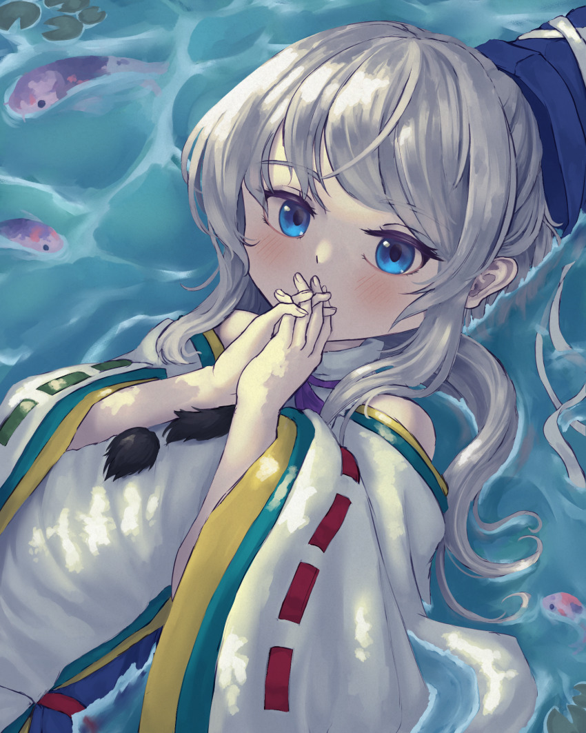 1girl blue_eyes blue_headwear commentary fish grey_hair hat highres japanese_clothes kariginu looking_at_viewer medium_hair mononobe_no_futo outdoors own_hands_clasped own_hands_together pom_pom_(clothes) pygrenix ribbon-trimmed_sleeves ribbon_trim tate_eboshi touhou upper_body wide_sleeves