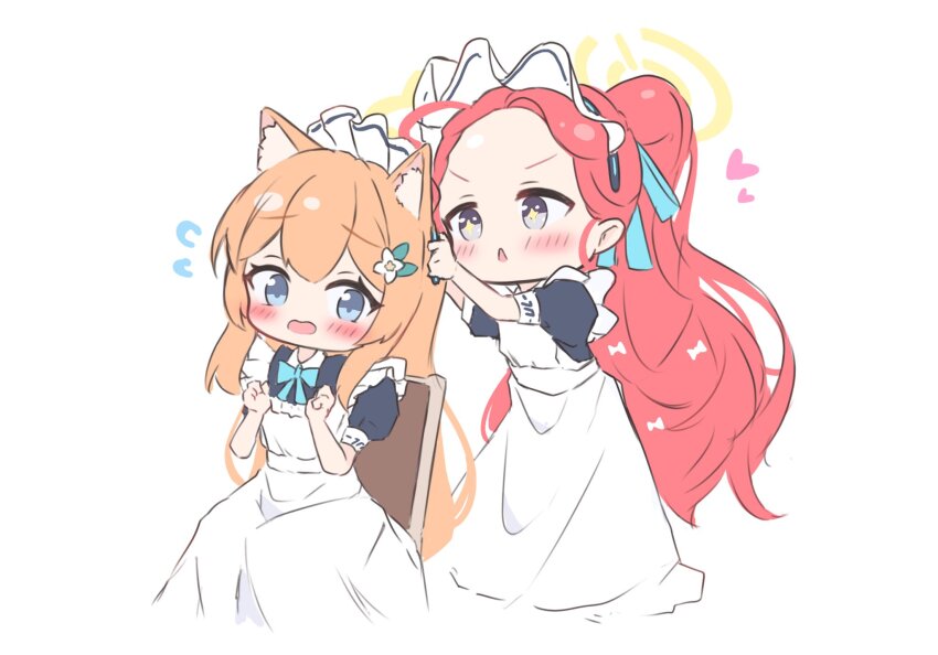 2girls alternate_costume animal_ears apron blue_archive blue_eyes brown_hair cat_ears cat_girl embarrassed excited flower grey_eyes hair_flower hair_ornament highres karupa_(karupapon) long_hair maid maid_apron maid_headdress mari_(blue_archive) multiple_girls official_alternate_costume red_hair tying_hair very_long_hair yuzu_(blue_archive) yuzu_(maid)_(blue_archive)